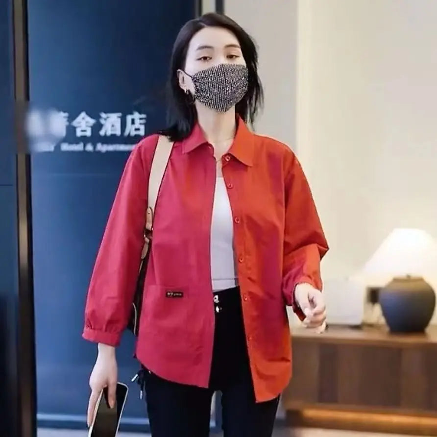 Spring Autumn Simplicity Solid Color Thin Turn-down Collar Cardigan Loose Blouses Pockets Button Coat Casual Women's Clothing