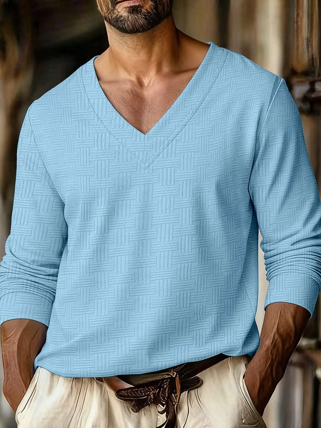 Autumn New Men's Plaid Pattern Jacquard Fabric V-neck Casual Sports Off-shoulder Sleeve Long-sleeved T-shirt