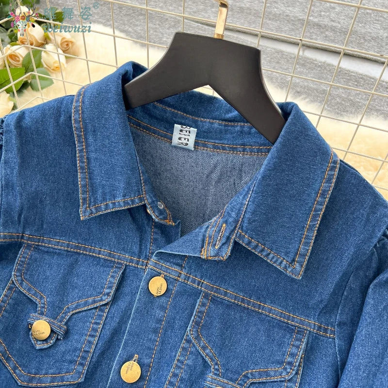 Elegant Women's Denim Dress Soft Autumn High-quality Split Design Fashion Long Sleeve Jeans Dresses with Belt Causal Streetwear