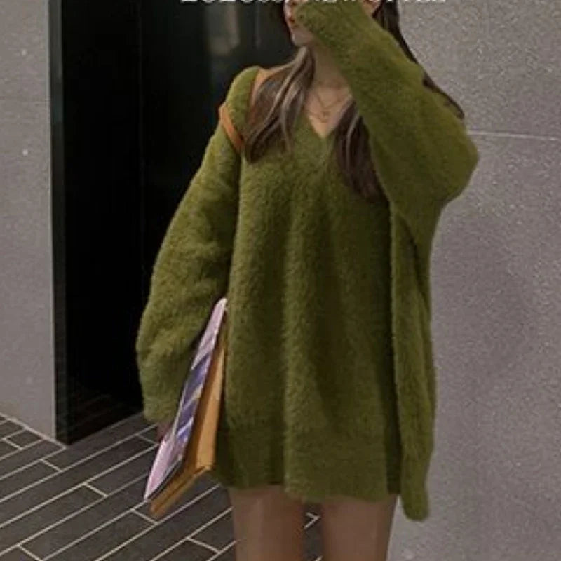 Fluffy Sweater Autumn Winter Women's Clothing Y2k Streetwear Mink V-neck Soft Pullover Jumper Loose Long Sleeve Tops New White
