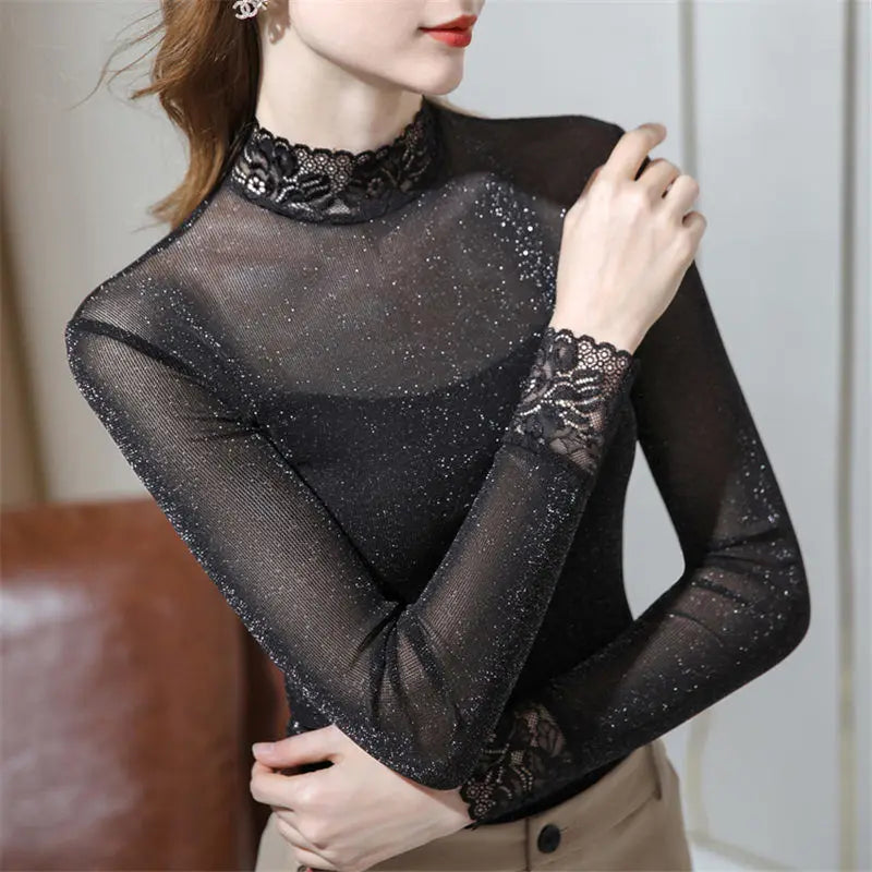 Fashion Gauze Bright silk Spliced Lace Blouses Women's Clothing 2025 Autumn winter Elegant pullovers Office Lady Shirts