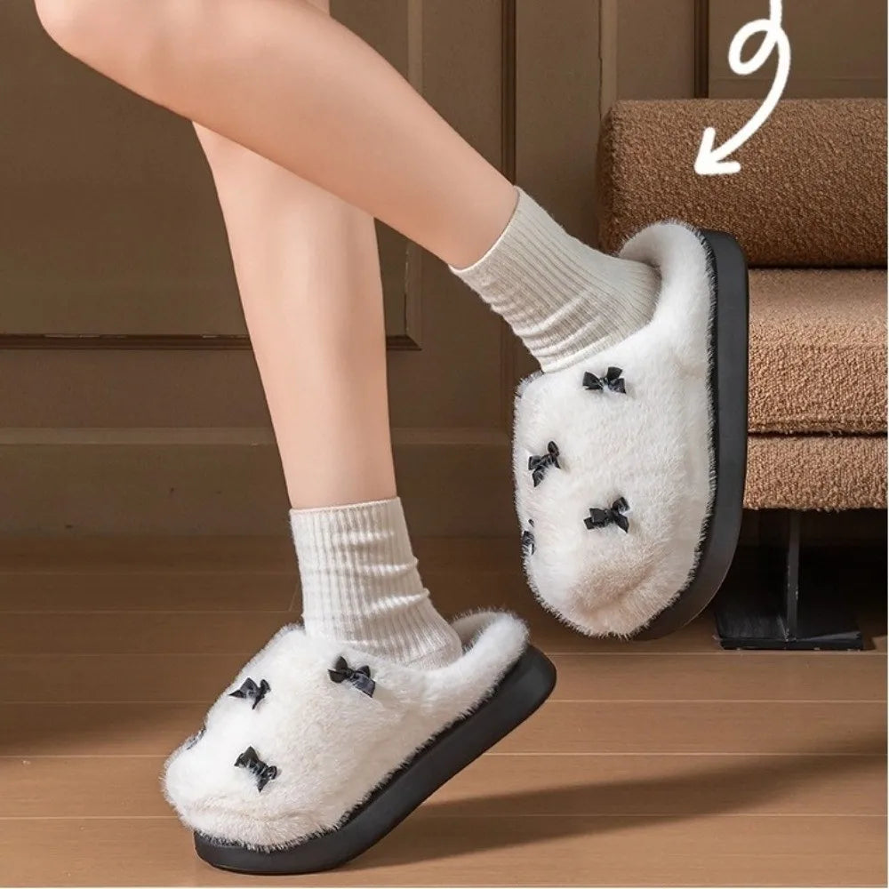 Fashion Bow knot House Slippers Warm Fleece with Lining Women's Indoor Shoes Non-slip Thickened Indoor Fluffy Slippers Winter