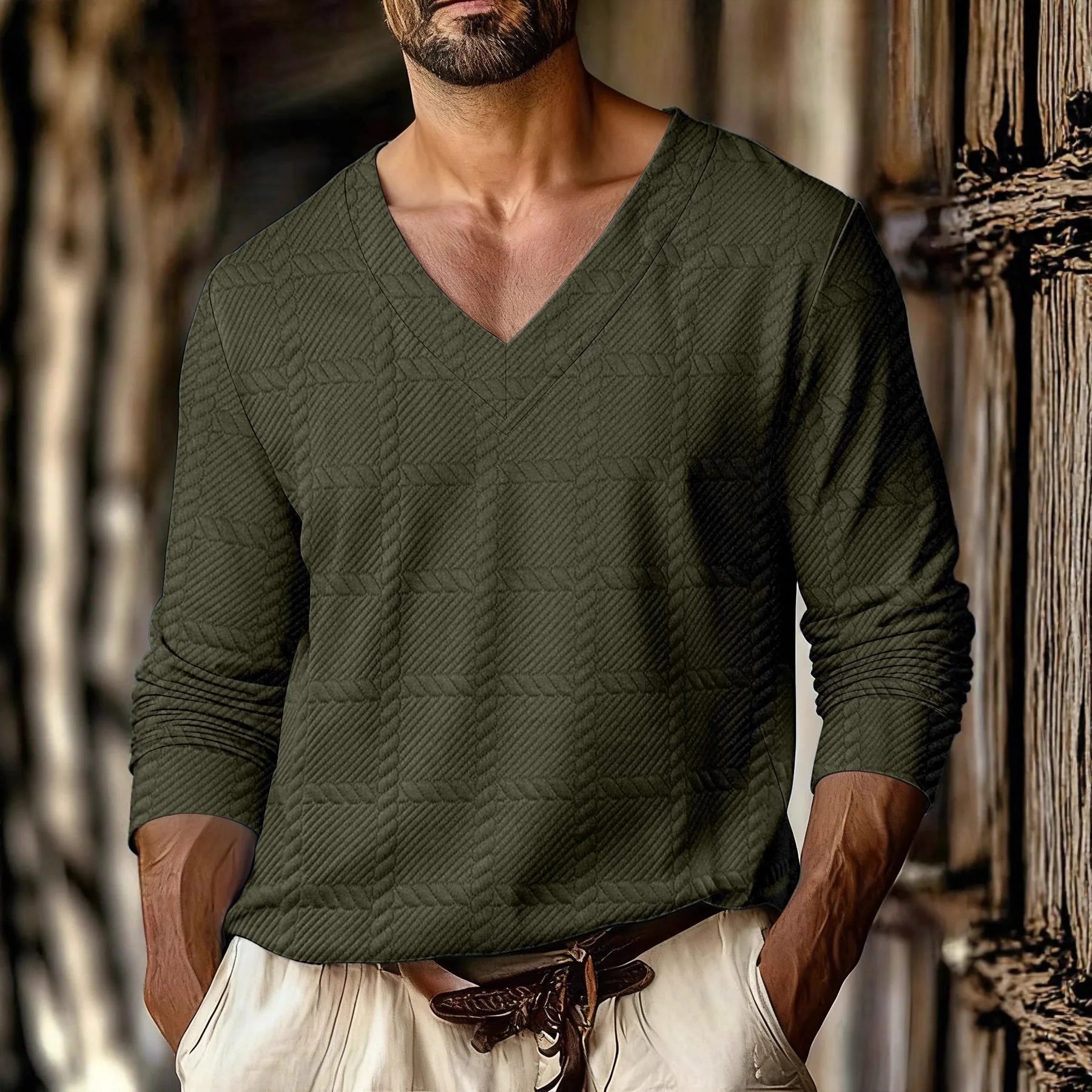 Autumn New Men's Plaid Pattern Jacquard Fabric V-neck Casual Sports Off-shoulder Sleeve Long-sleeved T-shirt