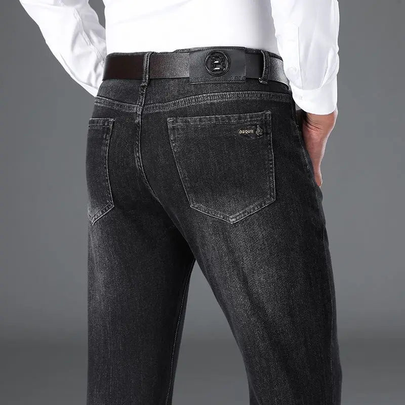 Thick Men's Business Jeans for Autumn and Winter Mid-high-waisted, Stretch, Slim Straight Loose and Casual Men's Trousers Pants