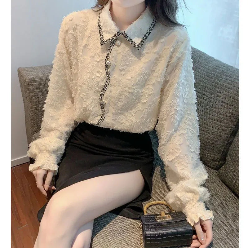 Elegant Fashion Female Solid Color Button Shirt Autumn Winter Korean Thick All-match Turn-down Collar Blouse Women's Clothing