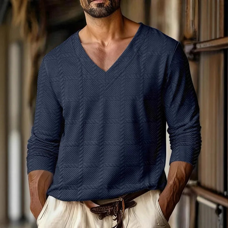 Autumn New Men's Plaid Pattern Jacquard Fabric V-neck Casual Sports Off-shoulder Sleeve Long-sleeved T-shirt