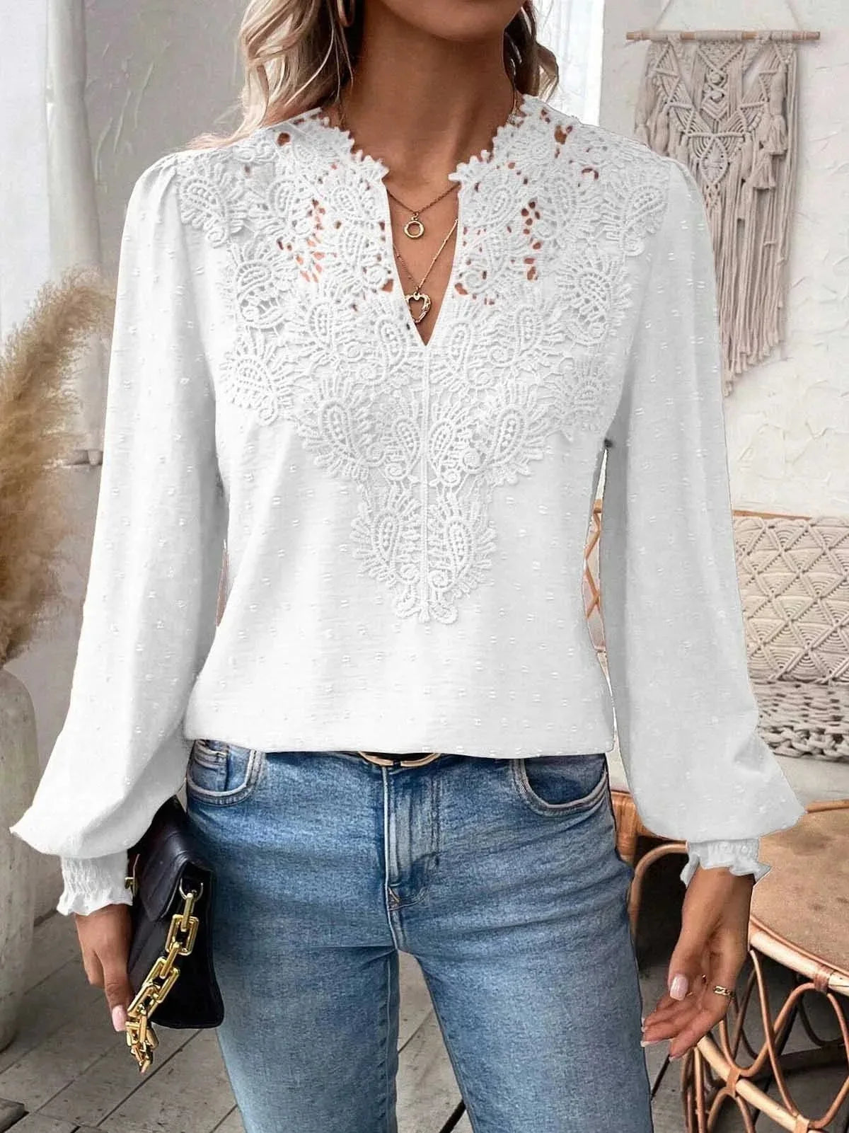 Autumn Women's Clothing New Sexy V-neck Fashion Lace Patchwork Solid Color Shirt Long Sleeved Casual Shirt Women's Clothing