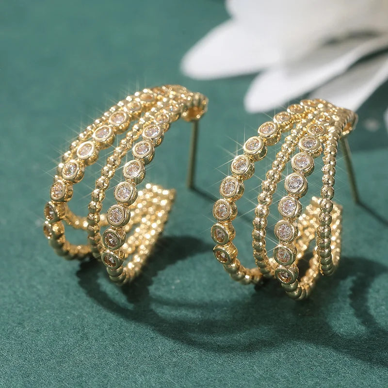 Fashion Classic Synthetic Zirconia Design Women Multilayer Hoop Earrings Golden Plated Banquet Wedding Jewelry Accessories Gifts