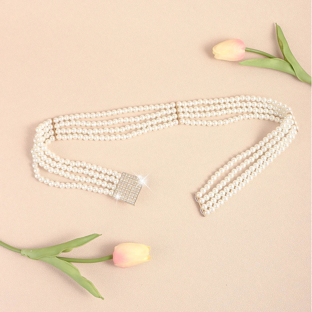 Elegant ladies rhinestone pearl elastic belt Love Butterfly Premium vintage fashion waist chain