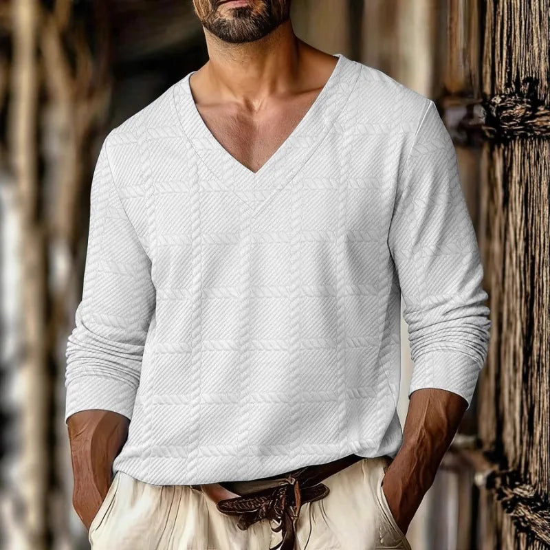 Autumn New Men's Plaid Pattern Jacquard Fabric V-neck Casual Sports Off-shoulder Sleeve Long-sleeved T-shirt