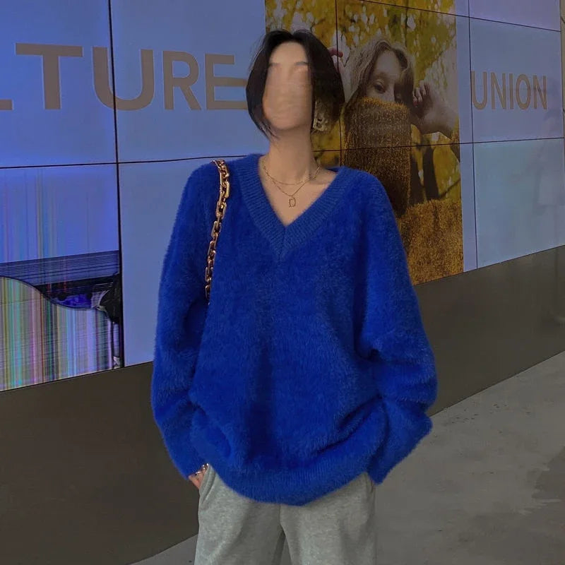 Fluffy Sweater Autumn Winter Women's Clothing Y2k Streetwear Mink V-neck Soft Pullover Jumper Loose Long Sleeve Tops New White