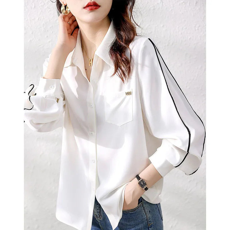 Fashion Lapel Button Spliced Pockets All-match Shirt Women Clothing 2022 Autumn New Loose Casual Tops Office Lady Blouse