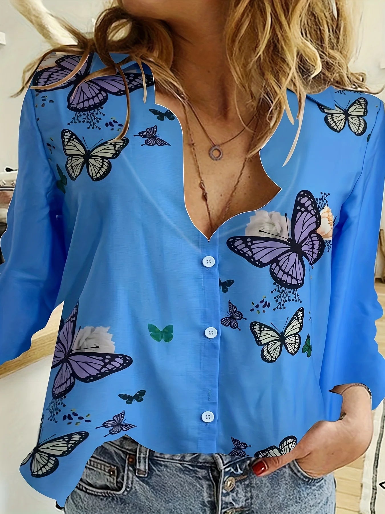 Simple Long-Sleeved Womens Shirts Fall Polo Collar Button Down Shirt Elegant Butterfly Dandelion Oversized Loose Blouse Clothing