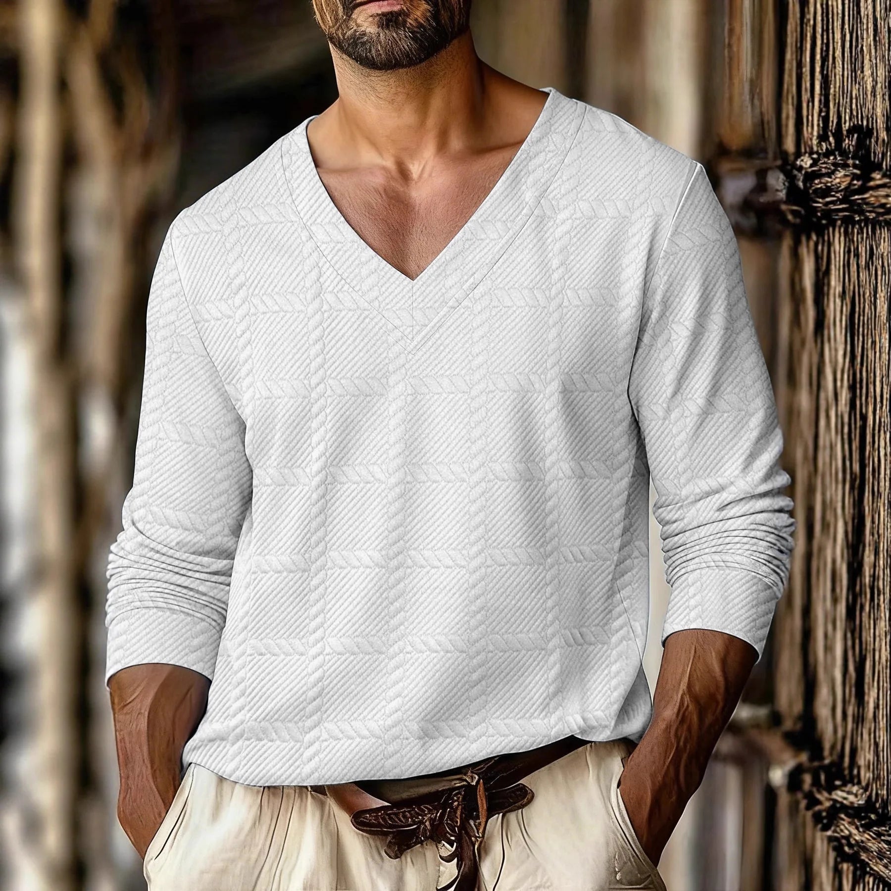 Autumn New Men's Plaid Pattern Jacquard Fabric V-neck Casual Sports Off-shoulder Sleeve Long-sleeved T-shirt