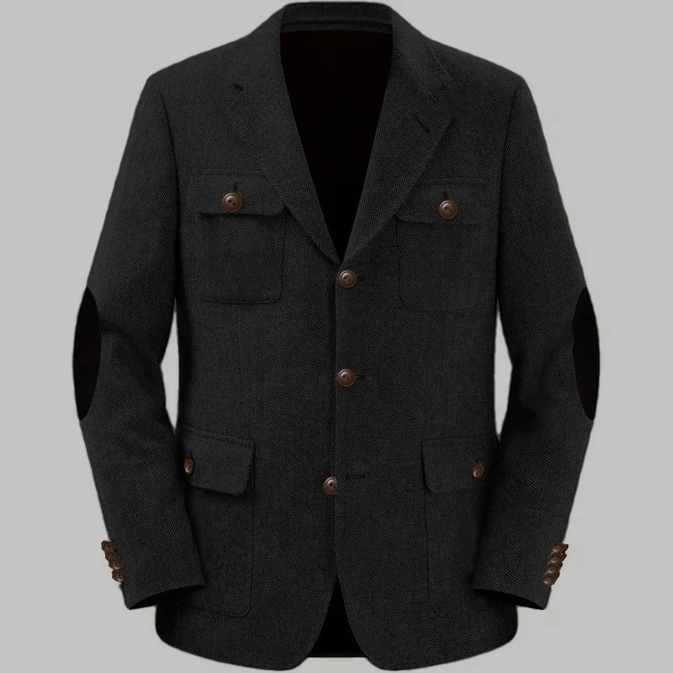 Men's Jackets Multi-pocket Hunting Attire Tweed Double-Breasted  Blazer Herringbone Casual Elegant Retro New Style Man Suit