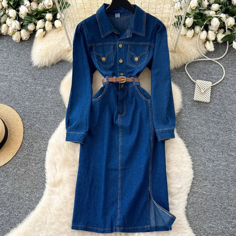 Elegant Women's Denim Dress Soft Autumn High-quality Split Design Fashion Long Sleeve Jeans Dresses with Belt Causal Streetwear