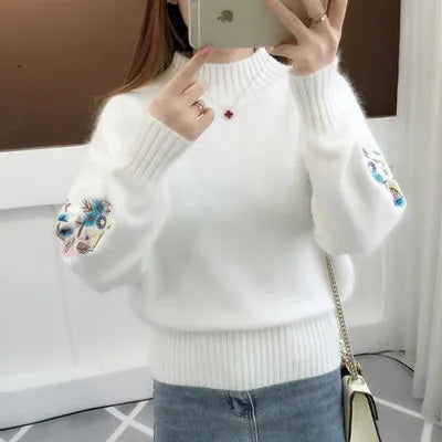 Women's Autumn Winter Embroidered Sleeves with Long Sleeves Knit Pullover Women Clothing Vintage Half High Collar Loose Sweaters