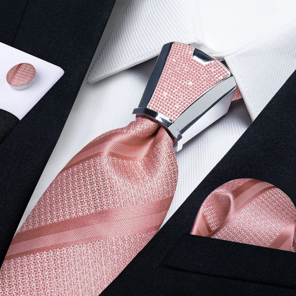 Pink Solid Paisley 8cm Silk Ties for Men with Luxury Plastic Tie Buckle Handkerchief Cufflinks Business Wedding Party Accessory