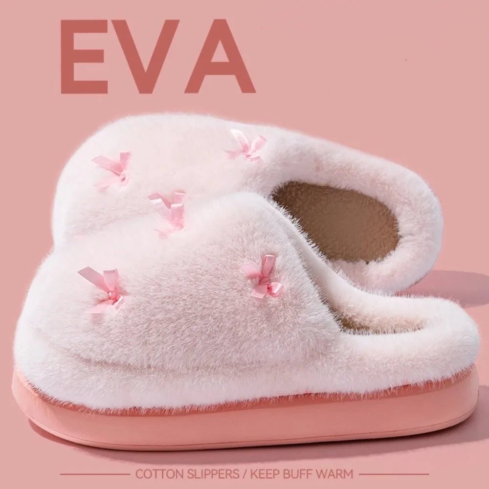 Fashion Bow knot House Slippers Warm Fleece with Lining Women's Indoor Shoes Non-slip Thickened Indoor Fluffy Slippers Winter