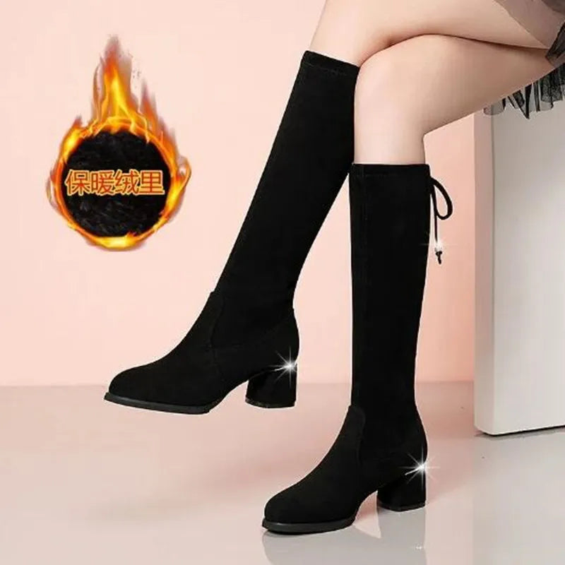 Women Autumn Winter Black Knee Boots 2025 New Comfort Lace Up Chunky High Heels Shoes Fashion Warm Suede Round Toe Botas Mujer