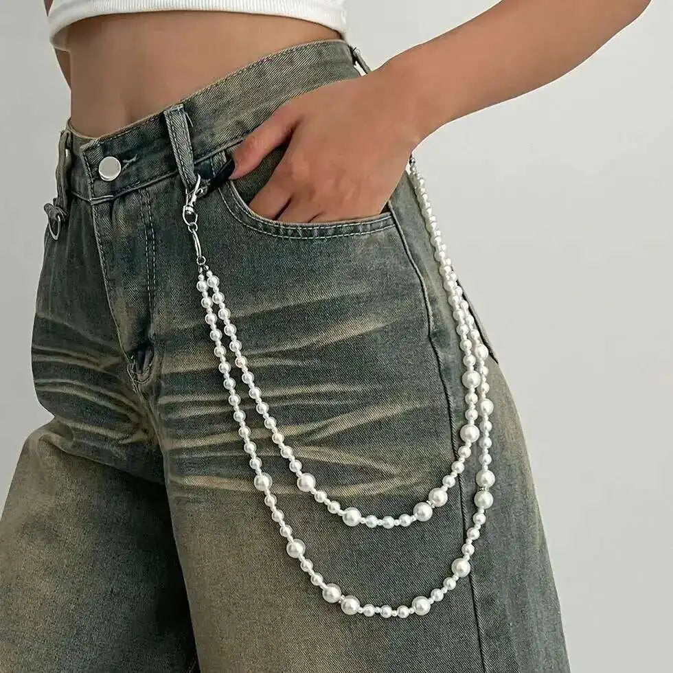 Salircon Hip Hop Multilayer Imitation Pearl Charm Jeans Pants Chain Women Punk Waist Chain Fashion Wallet Chain Belt Jewelry