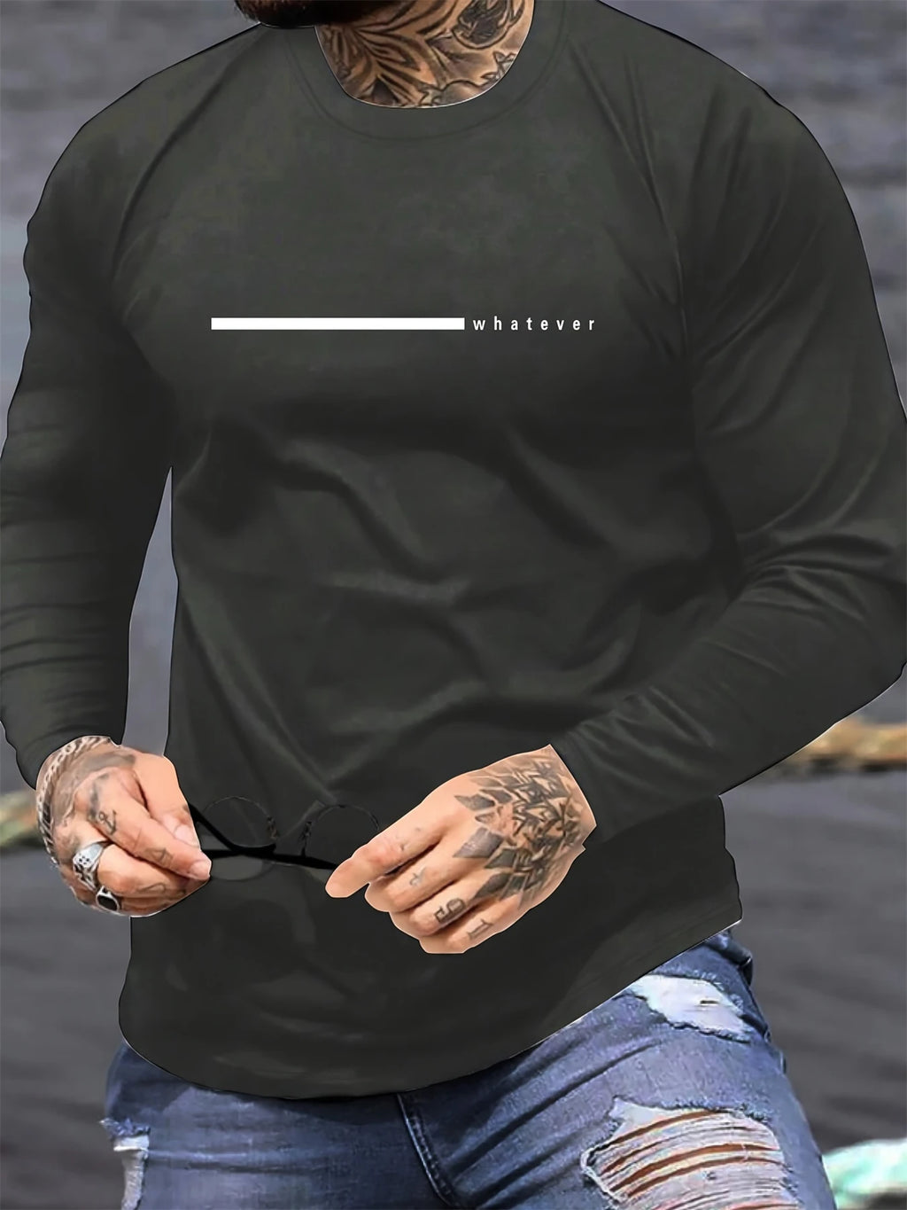 100% pure cotton men's long sleeved round neck loose casual whatever letter printed spring and autumn versatile T-shirt top