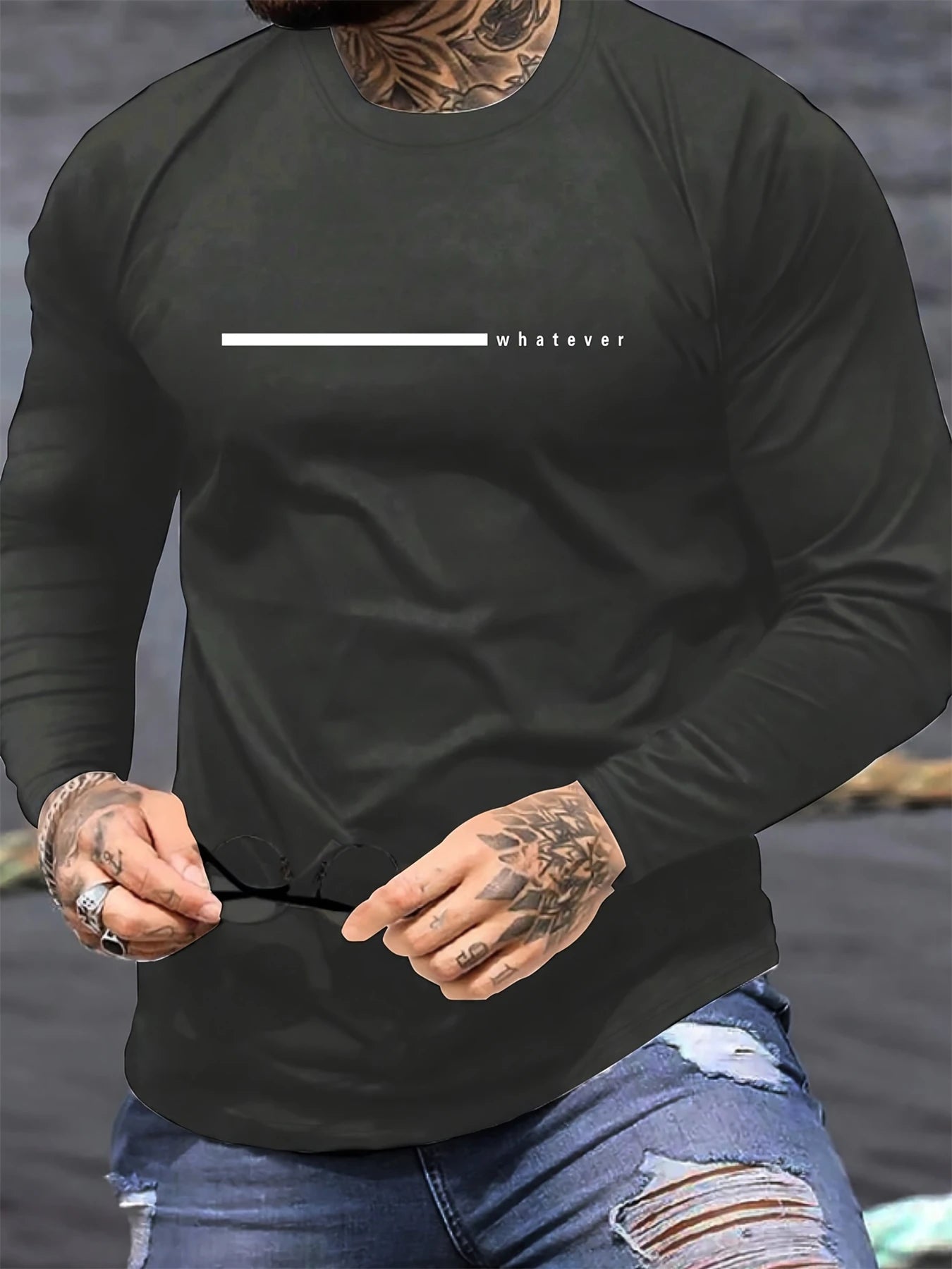 100% pure cotton men's long sleeved round neck loose casual whatever letter printed spring and autumn versatile T-shirt top