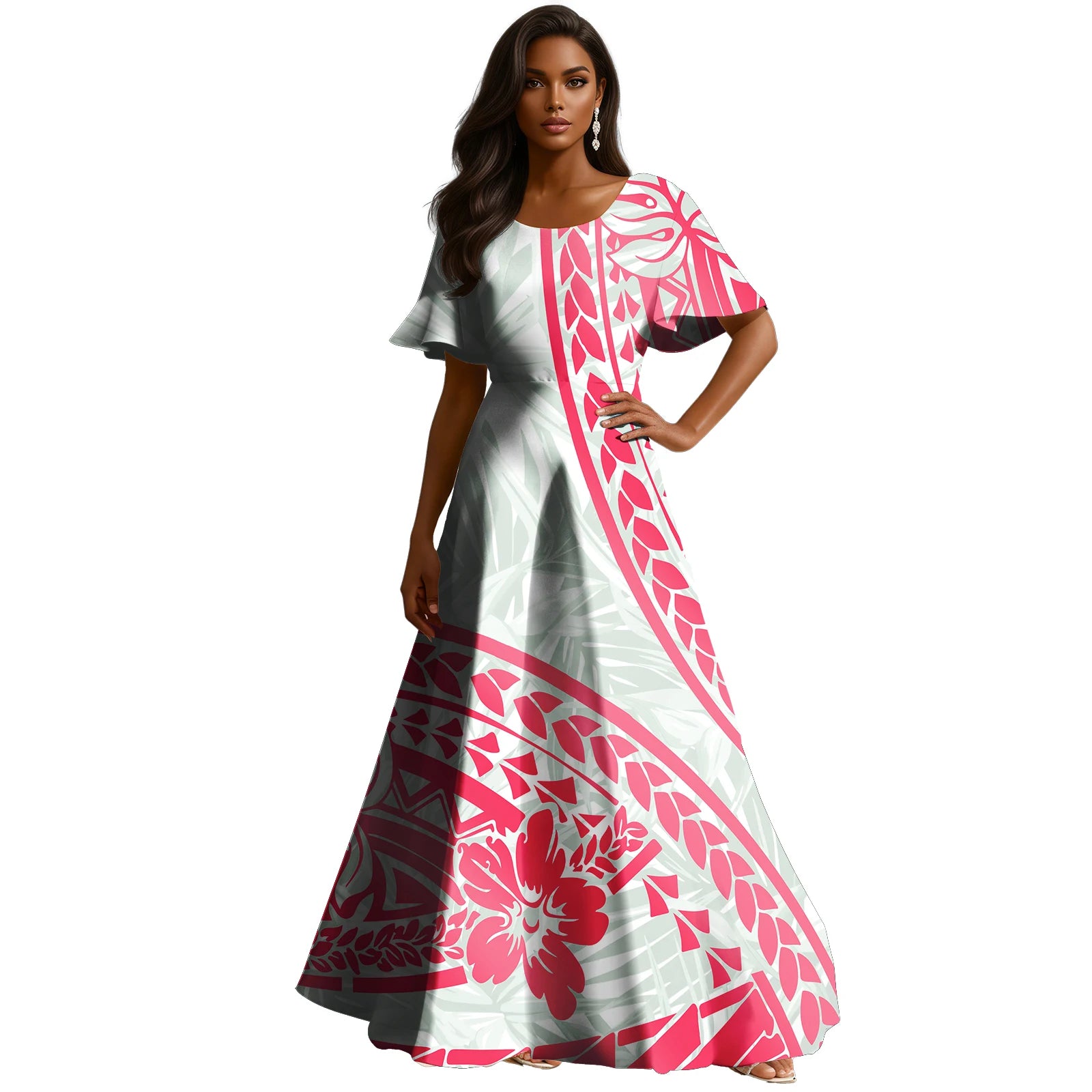 Abito ampio personalizzabile in stile polinesiano con stampa Tapa , a trapezio , lungo fino al pavimento