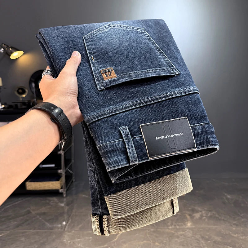 Jeans da uomo , pantaloni lunghi dritti in denim elasticizzato , autunno inverno , Jeans classico