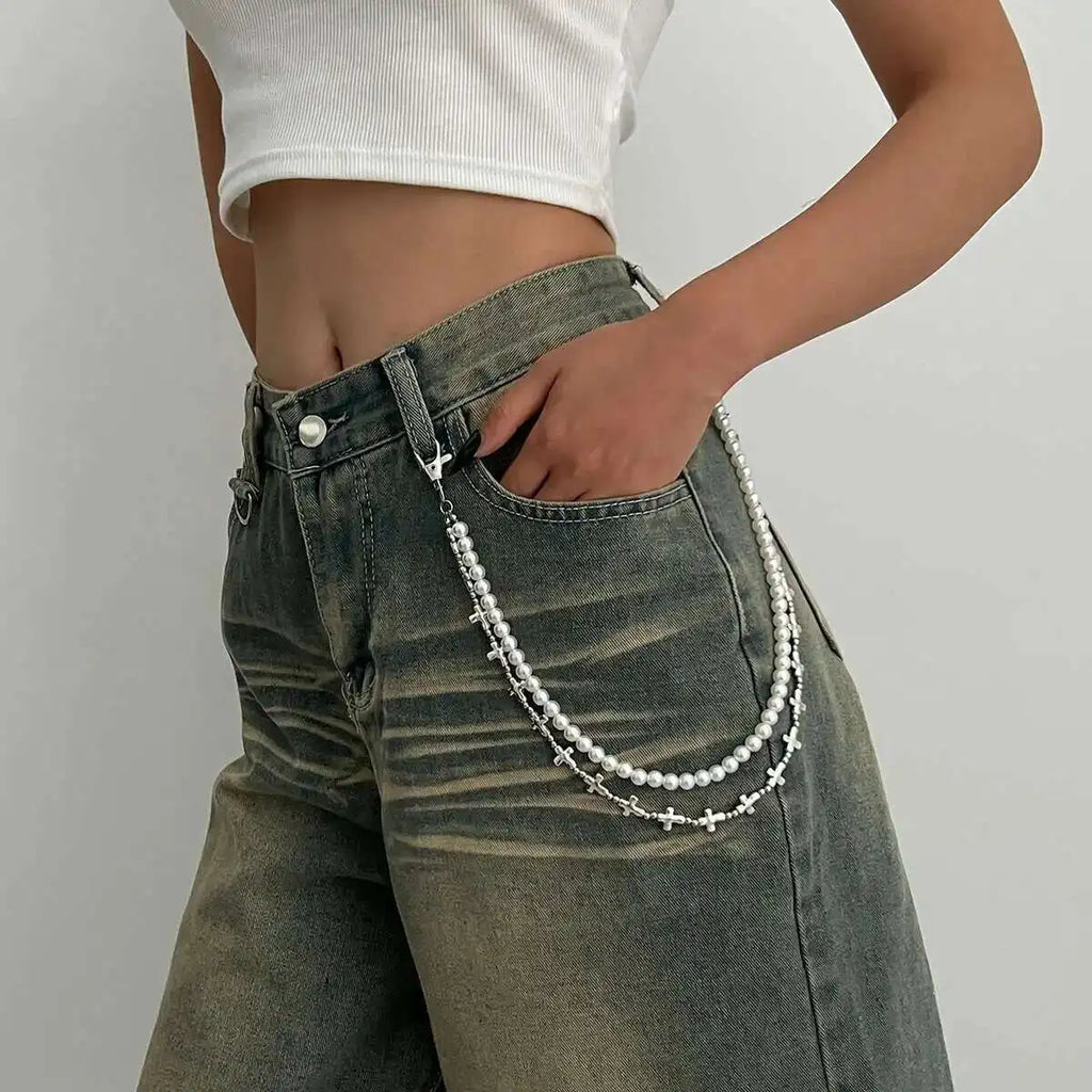 Salircon Hip Hop Multilayer Imitation Pearl Charm Jeans Pants Chain Women Punk Waist Chain Fashion Wallet Chain Belt Jewelry
