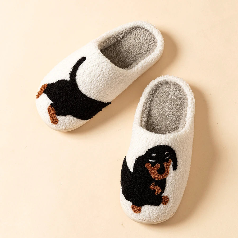 Women Slippers Cartoon Cute Interesting Dachshund Dog Indoor Warm Comfort Lightweight Bedroom Couple Winter Cotton Shoes