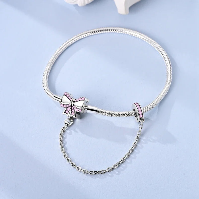 Original Charms 925 Sterling Silver Pink Butterfly Locking Chain Beads Fit Bracelet Women Jewelry Making Diy Fine Gift Accessory