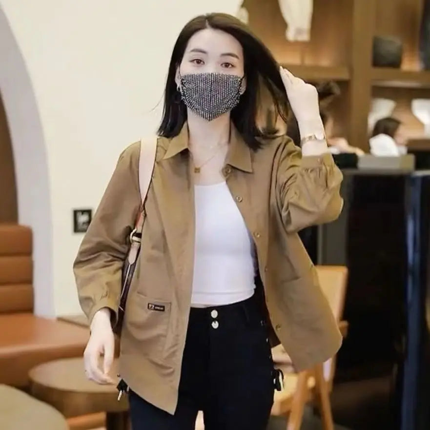 Spring Autumn Simplicity Solid Color Thin Turn-down Collar Cardigan Loose Blouses Pockets Button Coat Casual Women's Clothing