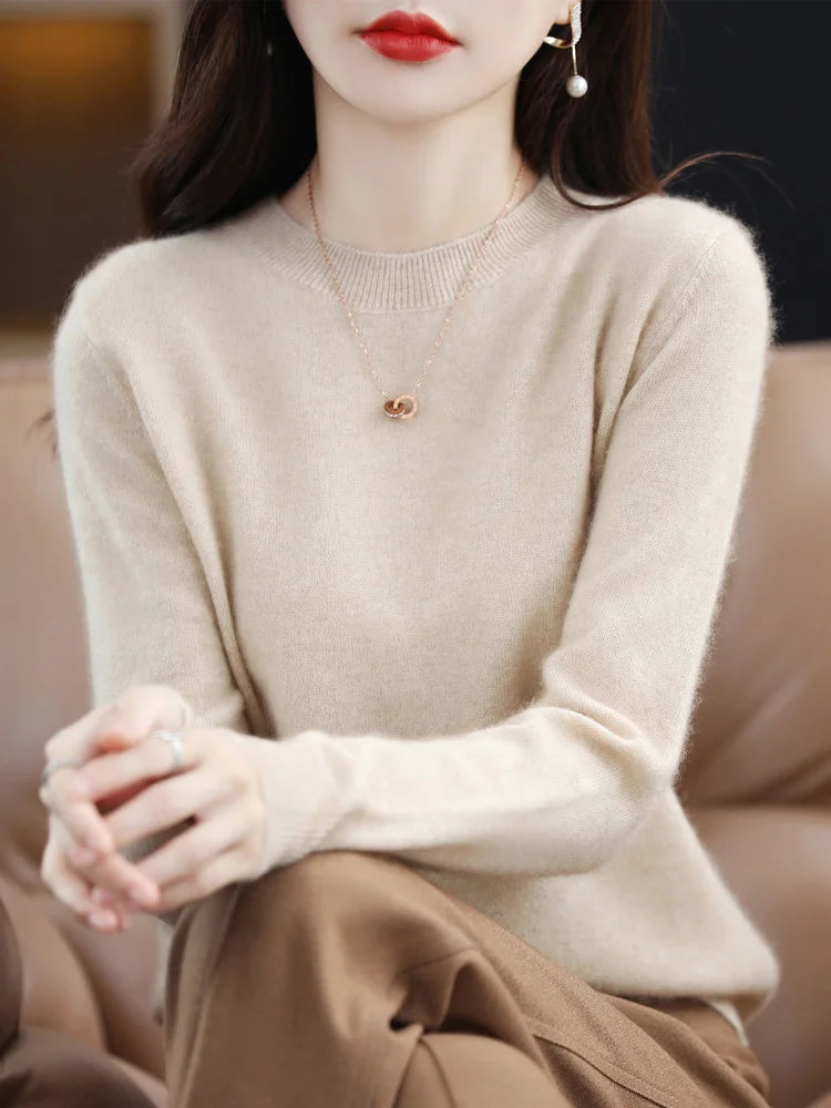 Fashion 100% Merino Wool Sweater Elegant Cashmere Pullover Women O-Neck Long Sleeve Knitwear Basic Clothing  Jumper Tops