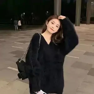 Fluffy Sweater Autumn Winter Women's Clothing Y2k Streetwear Mink V-neck Soft Pullover Jumper Loose Long Sleeve Tops New White