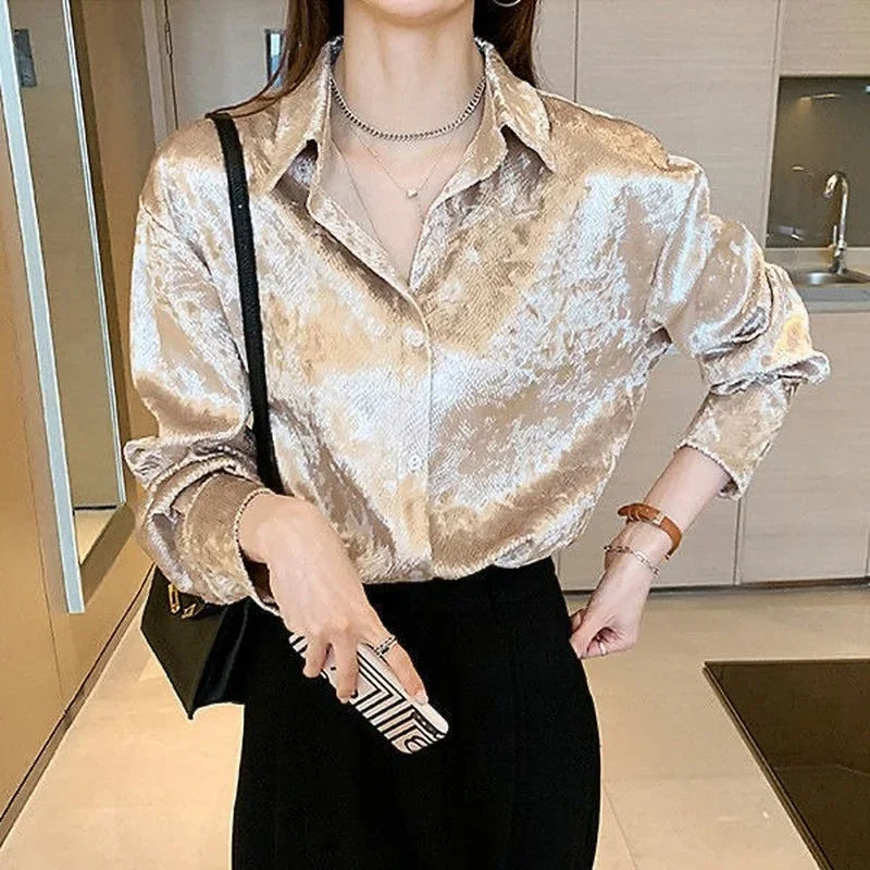 Women's Shiny Button Shirt Spring and Autumn Long Sleeve Top Designer Women's Clothing Korean Fashion Loose High Quality Retro