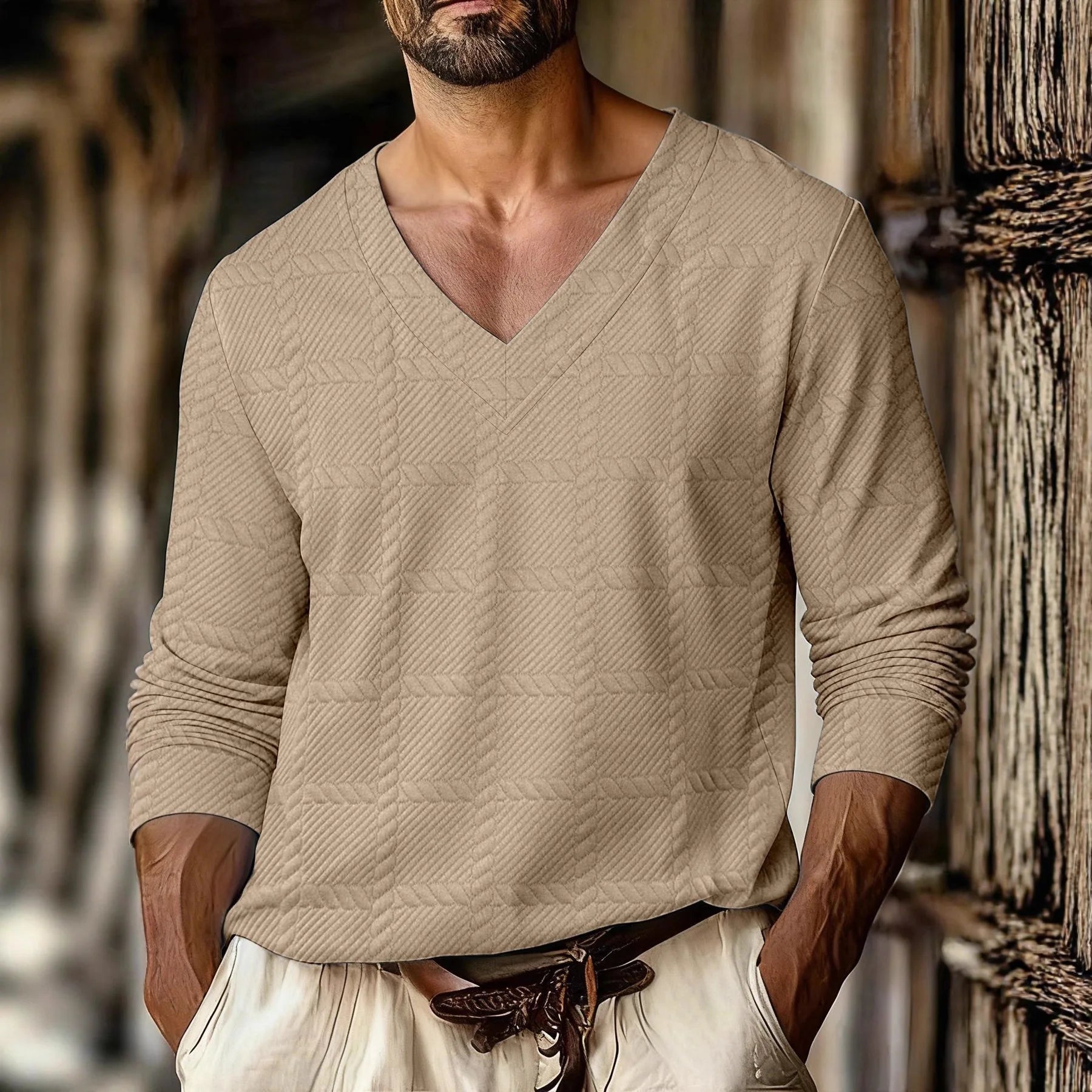 Autumn New Men's Plaid Pattern Jacquard Fabric V-neck Casual Sports Off-shoulder Sleeve Long-sleeved T-shirt