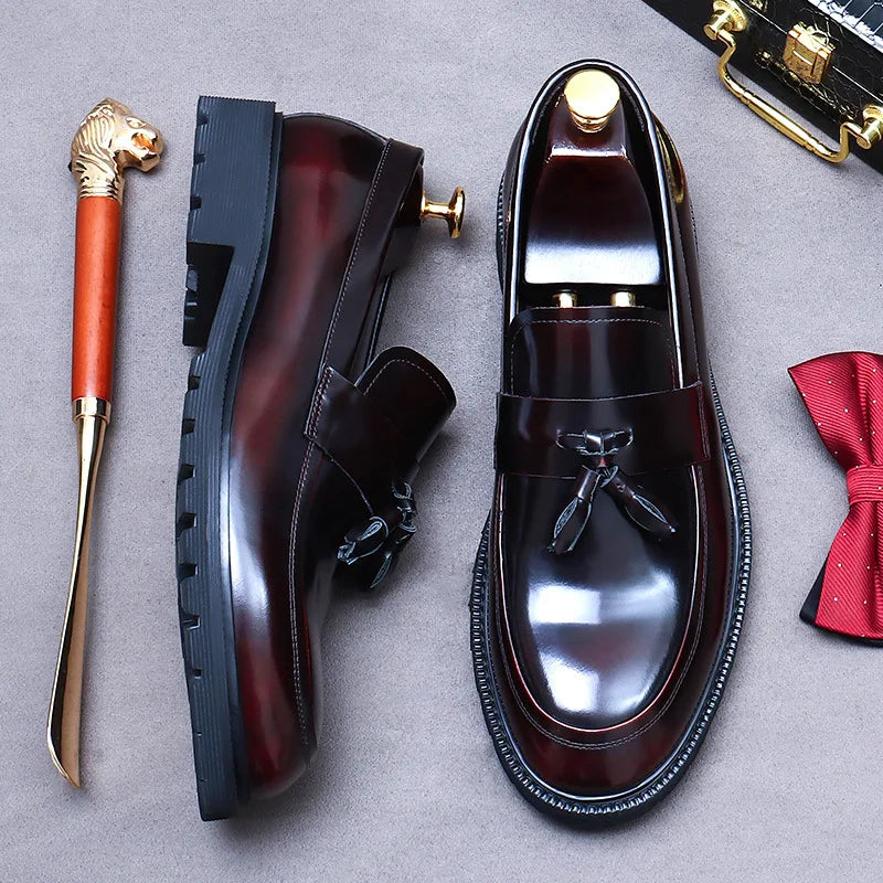 Luxury Leather Mens Dress Loafers Shoes Platform Tassel Genuine Leather New Black Wedding Social Formal Shoes Man