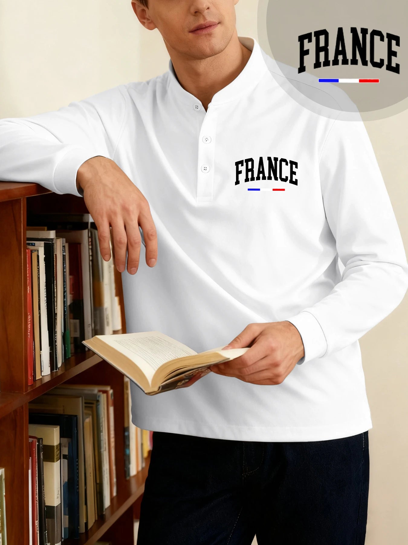 France Letter Creativity Prints Henley Shirts Men Henery Neck Basic Clothing Street Classic T Shirt Casual Bottoming Long Sleeve