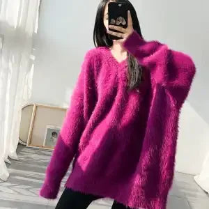 Fluffy Sweater Autumn Winter Women's Clothing Y2k Streetwear Mink V-neck Soft Pullover Jumper Loose Long Sleeve Tops New White