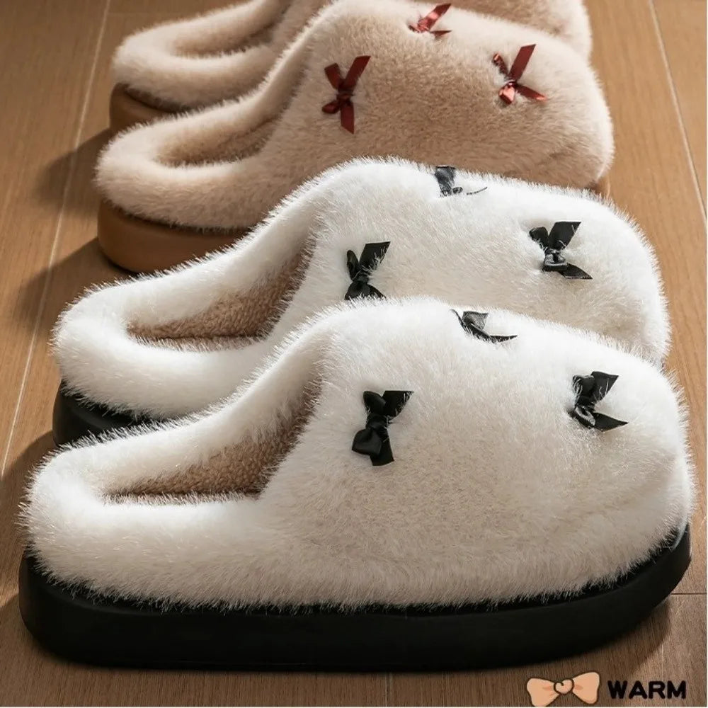 Fashion Bow knot House Slippers Warm Fleece with Lining Women's Indoor Shoes Non-slip Thickened Indoor Fluffy Slippers Winter
