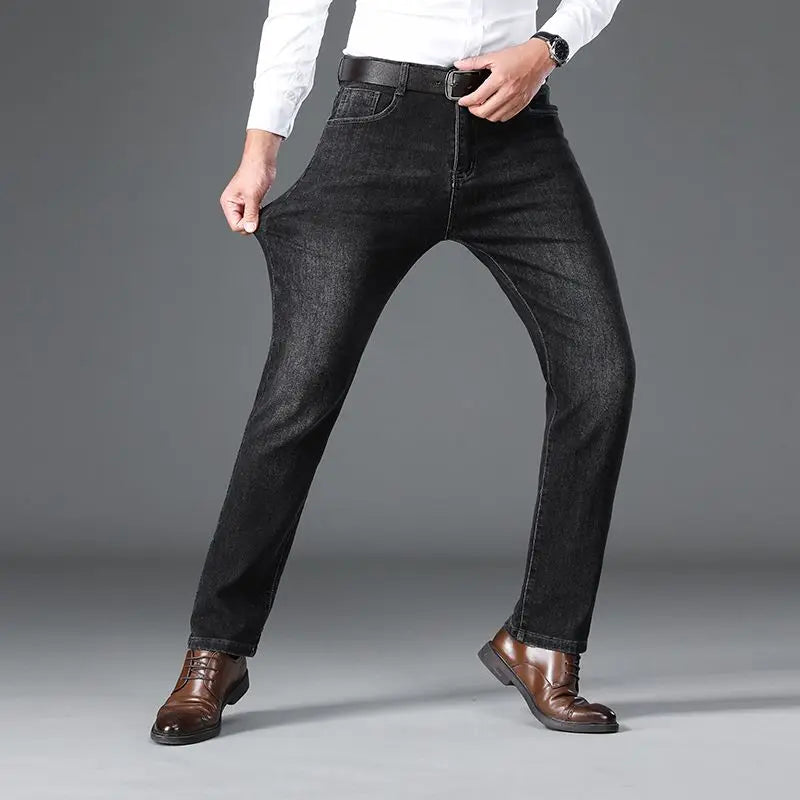 Thick Men's Business Jeans for Autumn and Winter Mid-high-waisted, Stretch, Slim Straight Loose and Casual Men's Trousers Pants