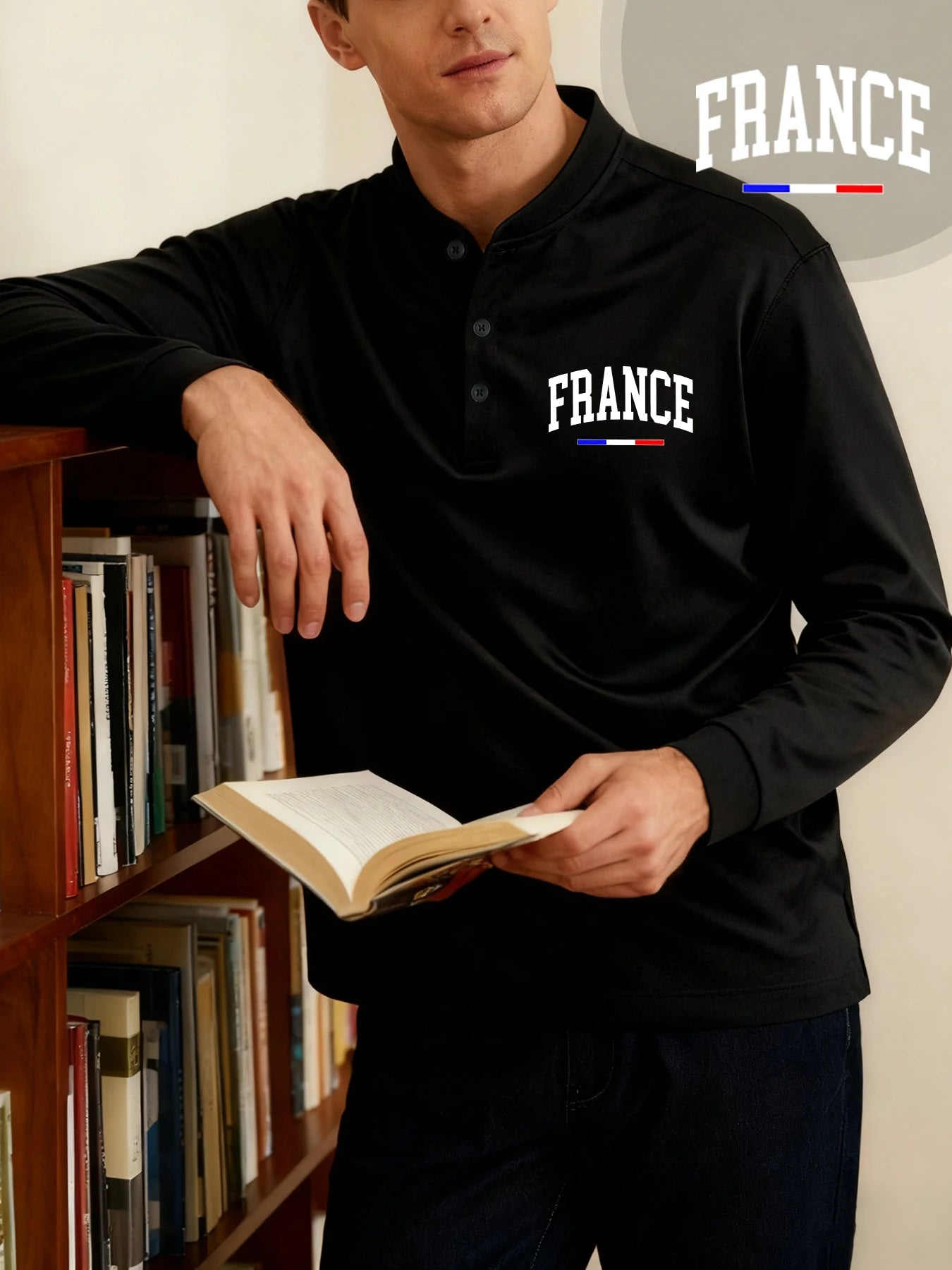 France Letter Creativity Prints Henley Shirts Men Henery Neck Basic Clothing Street Classic T Shirt Casual Bottoming Long Sleeve