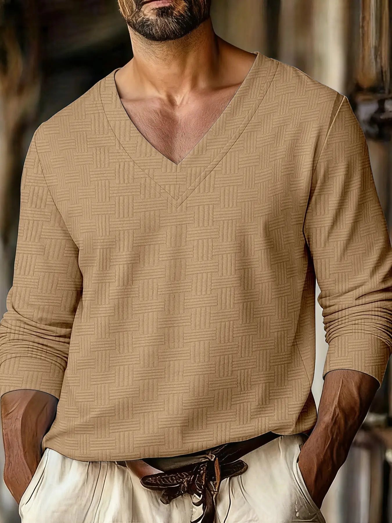 Autumn New Men's Plaid Pattern Jacquard Fabric V-neck Casual Sports Off-shoulder Sleeve Long-sleeved T-shirt