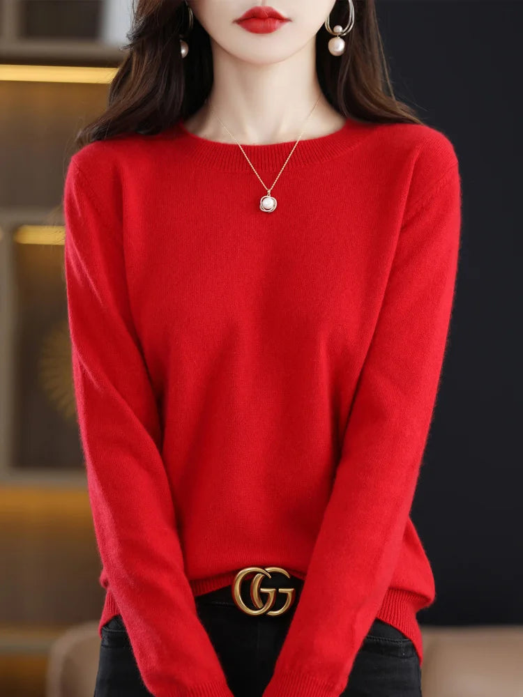 Fashion 100% Merino Wool Sweater Elegant Cashmere Pullover Women O-Neck Long Sleeve Knitwear Basic Clothing  Jumper Tops