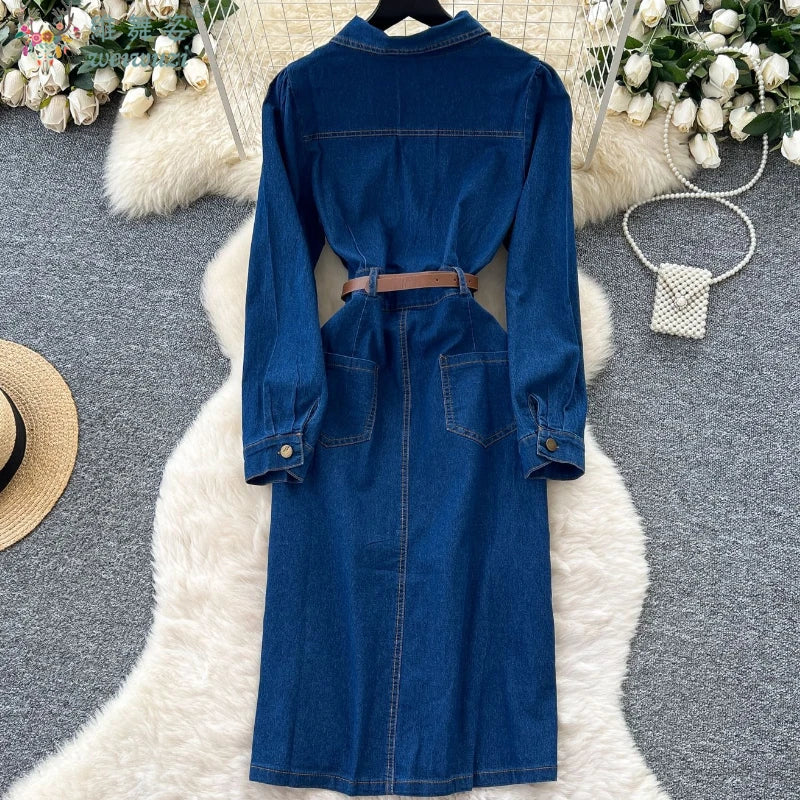 Elegant Women's Denim Dress Soft Autumn High-quality Split Design Fashion Long Sleeve Jeans Dresses with Belt Causal Streetwear