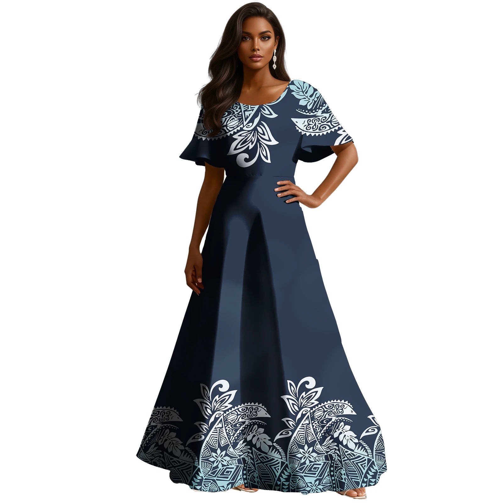 Abito ampio personalizzabile in stile polinesiano con stampa Tapa , a trapezio , lungo fino al pavimento