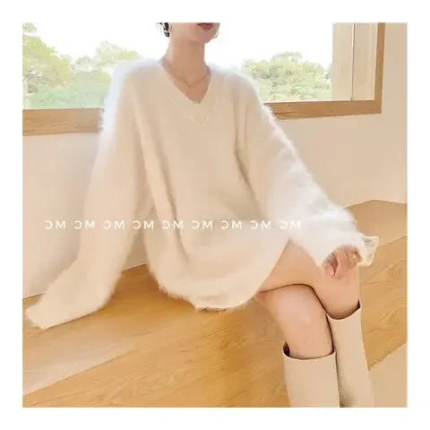Fluffy Sweater Autumn Winter Women's Clothing Y2k Streetwear Mink V-neck Soft Pullover Jumper Loose Long Sleeve Tops New White
