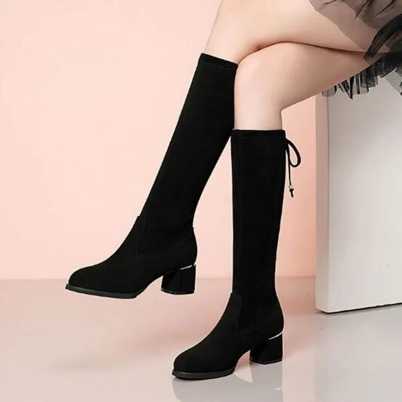 Women Autumn Winter Black Knee Boots 2025 New Comfort Lace Up Chunky High Heels Shoes Fashion Warm Suede Round Toe Botas Mujer