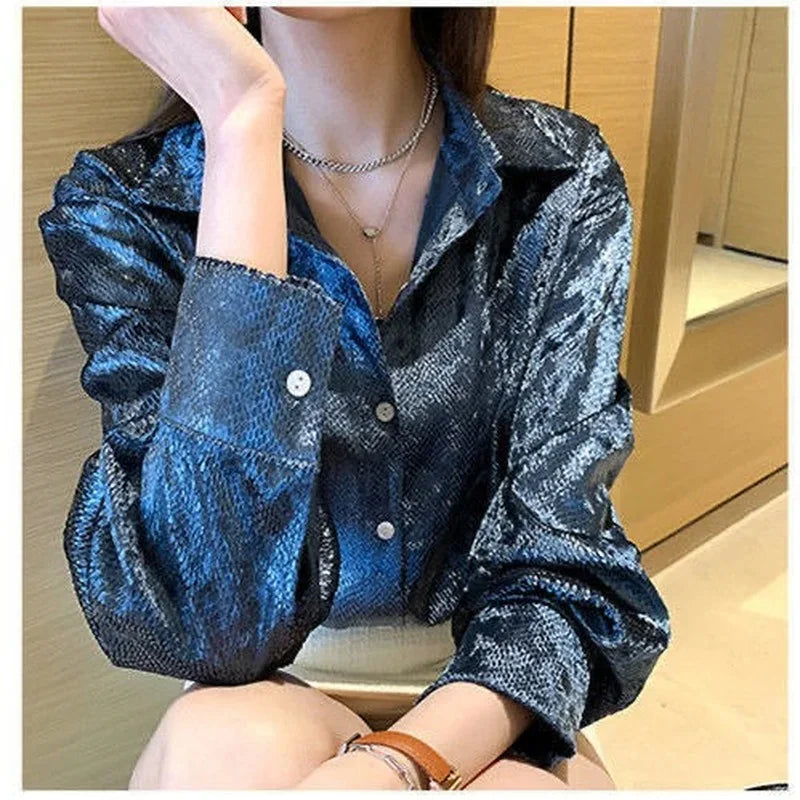 Women's Shiny Button Shirt Spring and Autumn Long Sleeve Top Designer Women's Clothing Korean Fashion Loose High Quality Retro